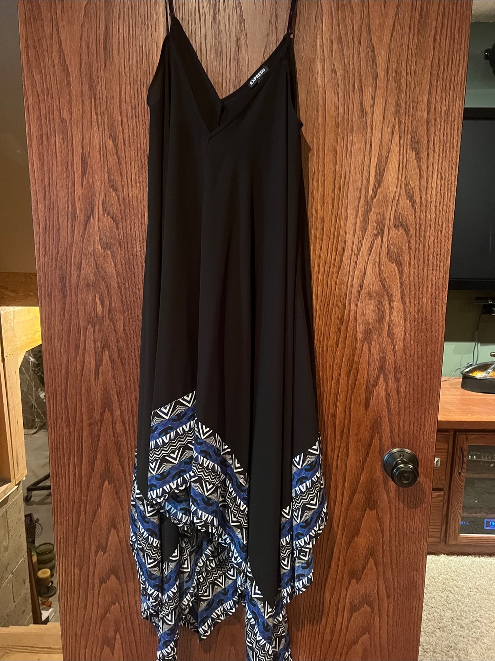 Black V-Neck Handkerchief Hem Dress with Blue Print